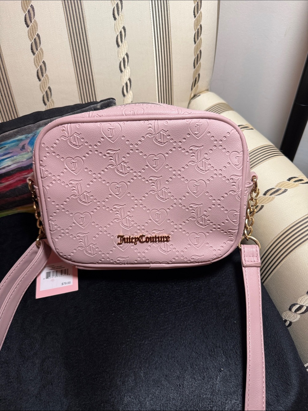 Juicy Couture Blush Pink Embossed Logo Crossbody with Gold Accent